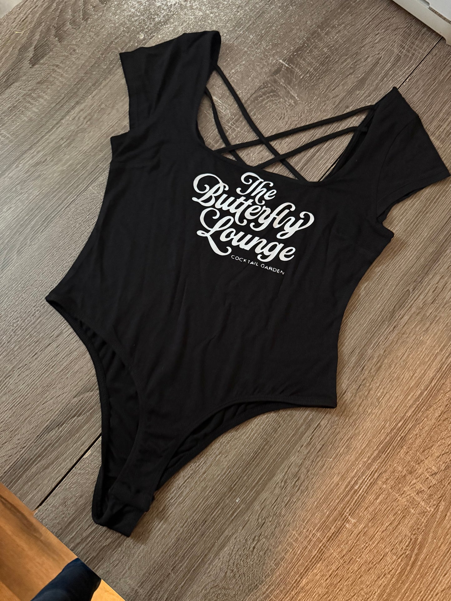 Butterfly Lounge wide neck/criss-cross back bodysuit
