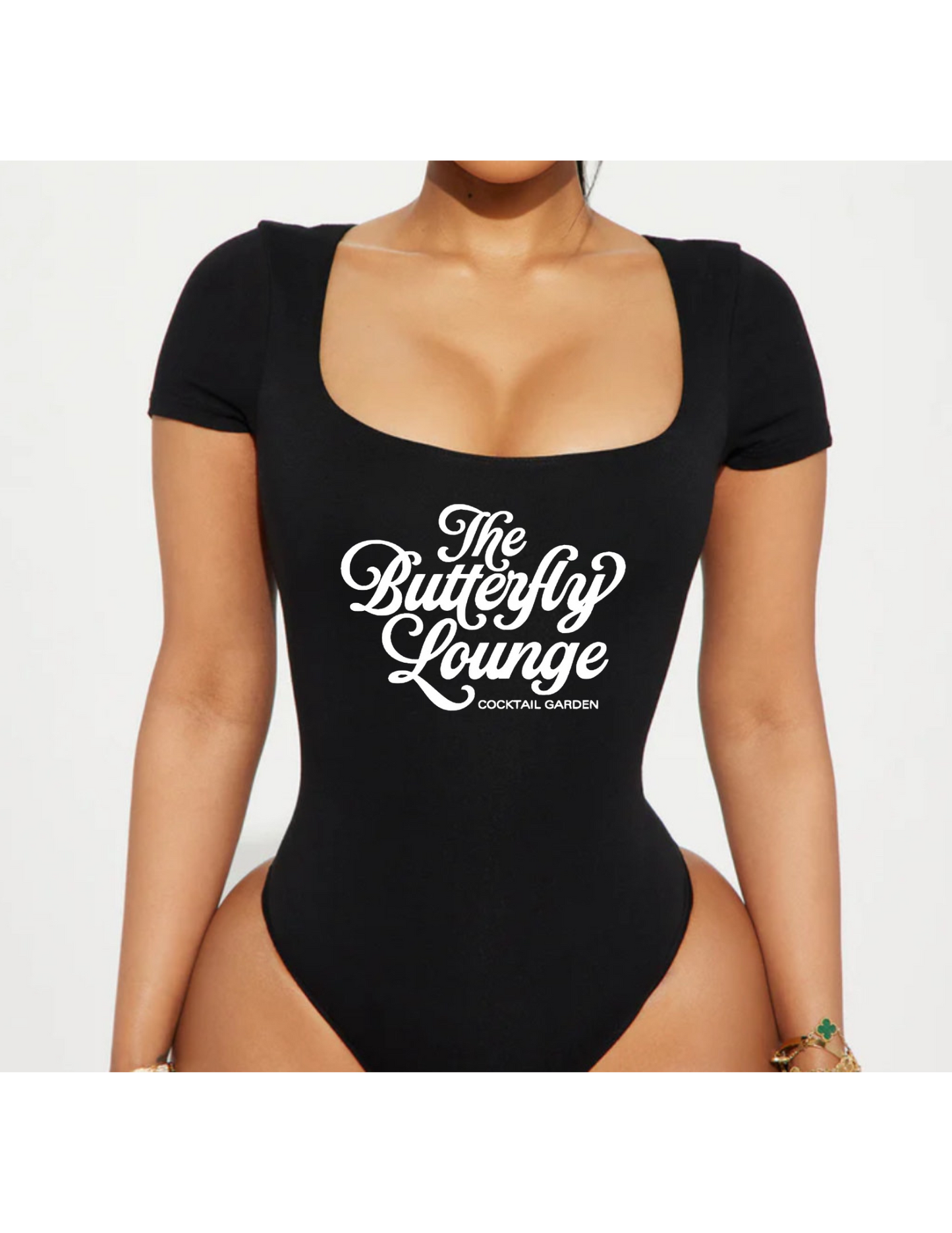 Butterfly Lounge wide neck/criss-cross back bodysuit