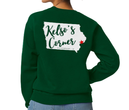 Kelso's Corner Crewneck- front + back Iowa logo