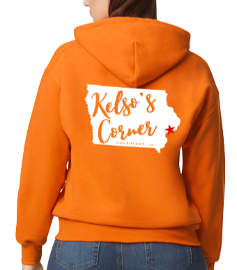 Kelso's Corner Hoodie- front + back Iowa logo