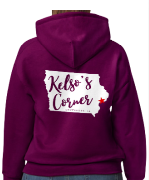 Kelso's Corner Hoodie- front + back Iowa logo