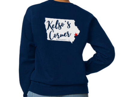 Kelso's Corner Crewneck- front + back Iowa logo